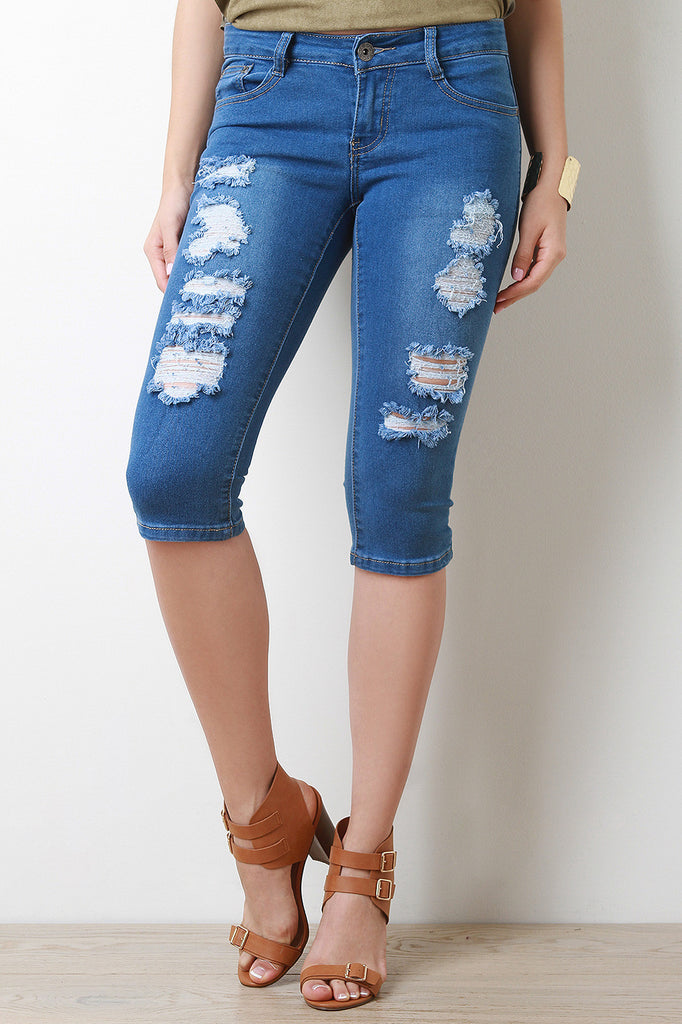 Distress Capri Denim Jeans