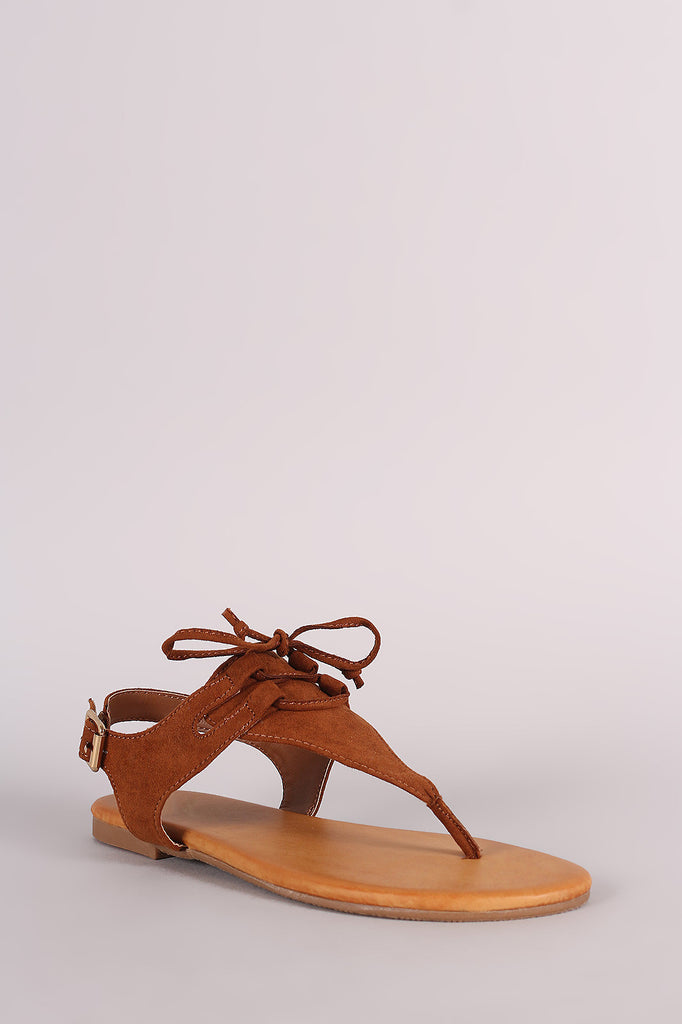 Bamboo Suede Lace-Up Thong Flat Sandal