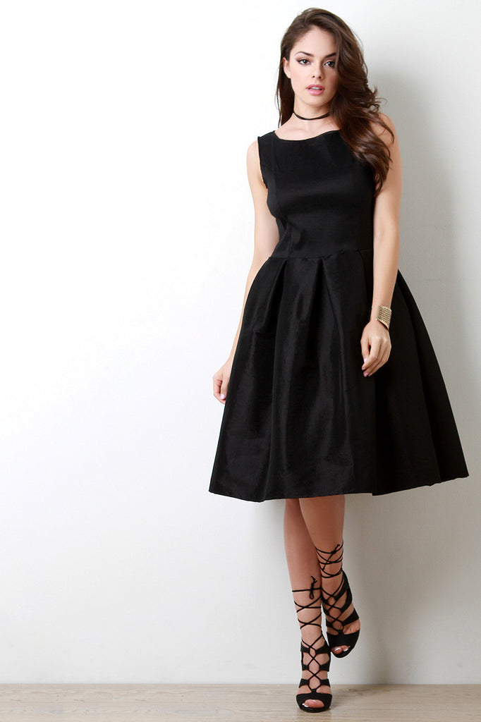 Solid Taffeta Pleated Midi Dress